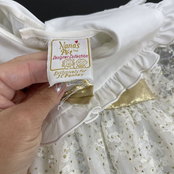 Vintage Nana’s Pet Designer Lace Ivory Gold Satin Dress 12 Months Wedding Lovely - Picture 4 of 9